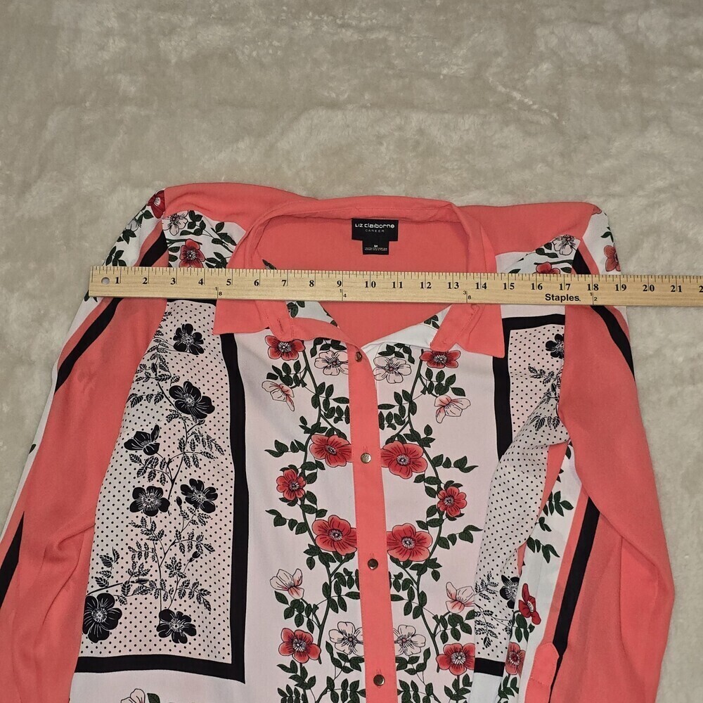 Liz Claiborne Career Floral Button Blouse Women’s Medium Long Sleeve Coral Black - Picture 7 of 10